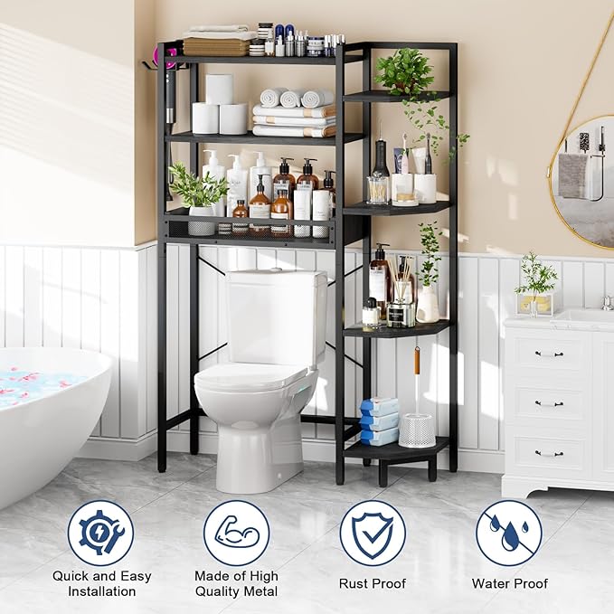 K1 Heavy Duty 7-Tier Over The Toilet Storage（with Basket and Paper Hook） Freestanding Above Toilet Shelf with Adjustable Feet，Space Saver Bathroom Shelves 9.3" D x 33.5" W x 63.8" H，Black