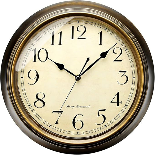 Plumeet Small Metal Wall Clock, 10'' Non Ticking Classic Silent Iron Wall Clocks Decorative Kitchen Living Room Bedroom, Arabic Numerals, Battery Operated (10'', Brown)