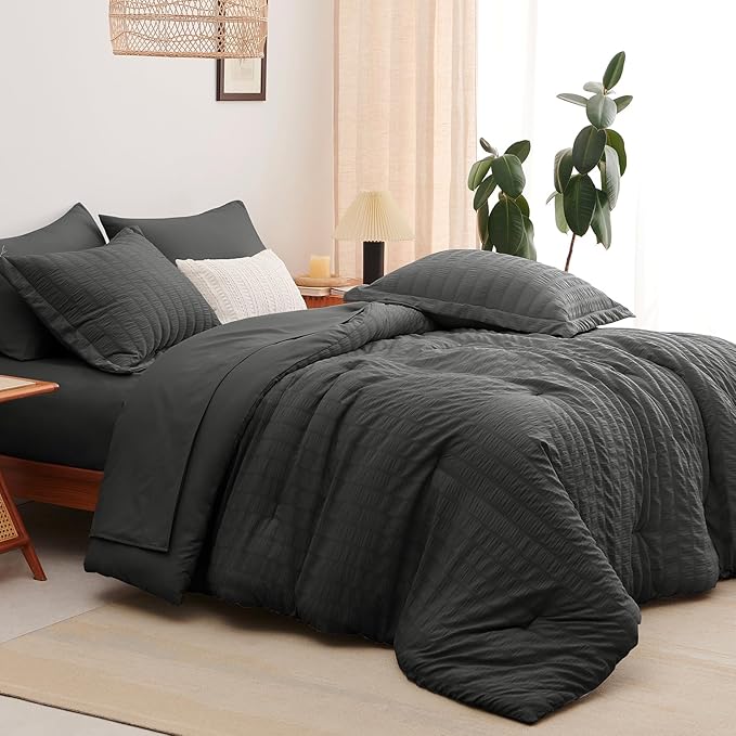 CozyLux California King Comforter Set with Sheets 7 Pieces Dark Grey Seersucker Bed in a Bag, Dark Gray Cal King All Season Bedding Set Gift, Down Alternative Comforter, Sheets, Pillowcases & Shams