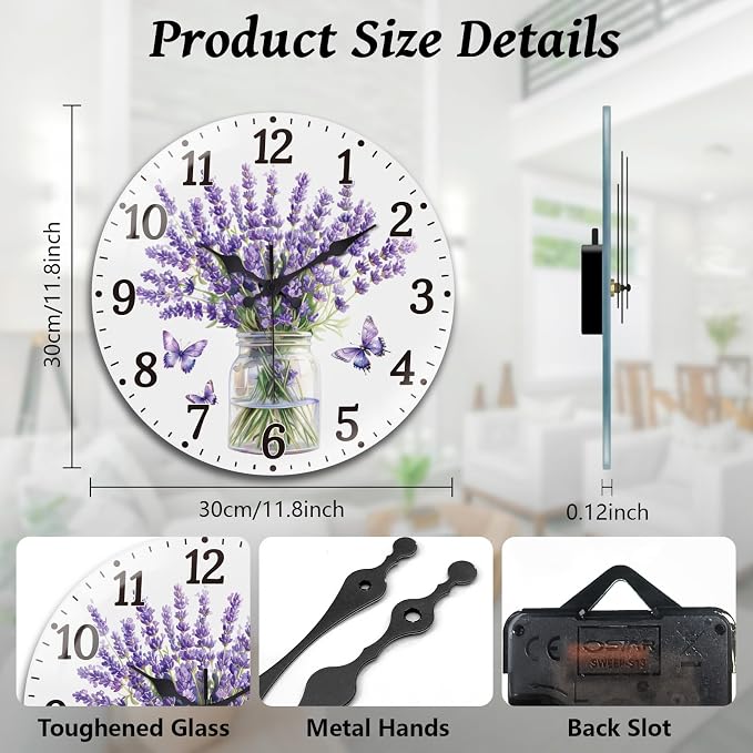 peacoblue Wall Clocks Battery Operated 12 Inch Lavender with Butterflies 12" Glass Round Wall Clock Non Ticking for Kitchen Living Dining Room Bedroom and Bathroom Decor (Battery not Included)