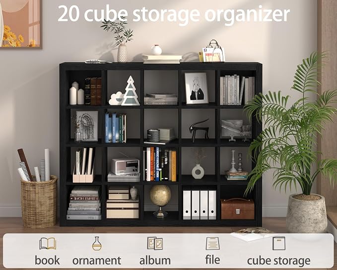 Bookshelf with Storage Bins, 20-Cube Storage Organizer Sturdy Wooden Bookcase Open Book Shelf, Multifunctional Cubicle Rack for Storage & Display, Furniture for Living Room, Office, Black