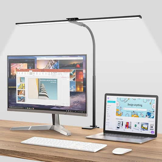 Desk Lamp for Home Office, Double Head Desk Light with Clamp, Dimmable 5 Color Modes Task Lighting, Eye-Caring Architect Table Lamp for Workbench, Dual Monitor, Study, 1400lm