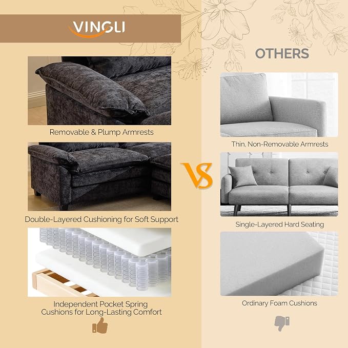 VINGLI 87" Convertible Sectional Sofa,L-Shape Deep Seat Sofa Couch for Living Room,Modern Chenille 2 Seat Loveseat Sofa with Ottoman for Small Space(Black, 87")