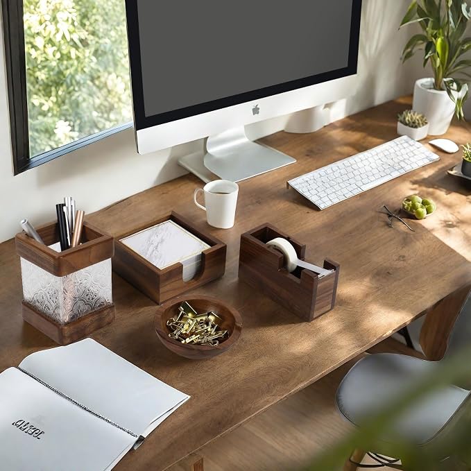 MultiBey 4PCS Walnut Office Supplies Desk Organizers, Wood Sticky Notes Holder Tape Dispenser Cutter Wooden Pencil Holder and Paper Clip Holder for Office Home School