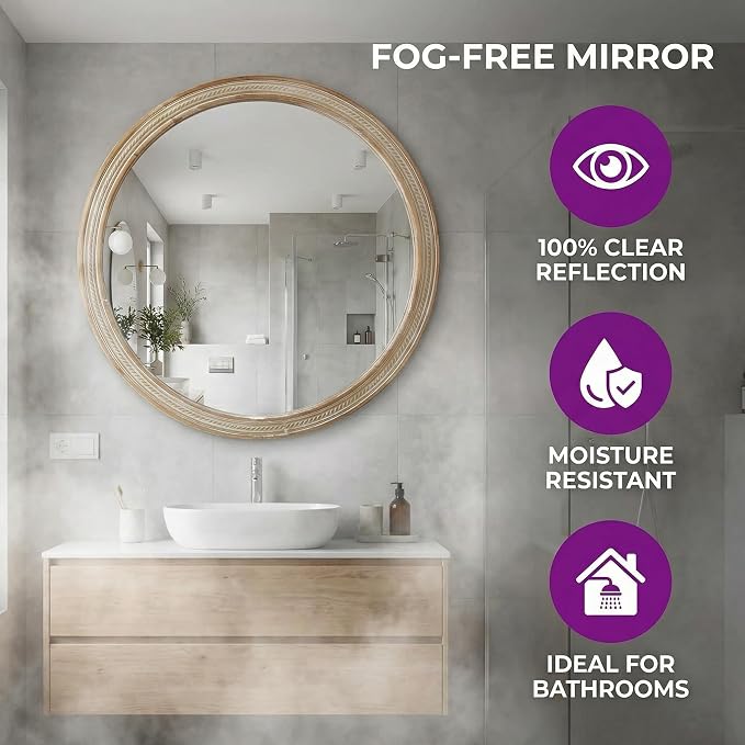 23.62'' Rustic Modern Round Wall Mirror with Rattan Textured & Pre-Installed Hanging, Decorative Mirror with Large Reflective Surface for Bathroom Bedroom Living Room, Natural