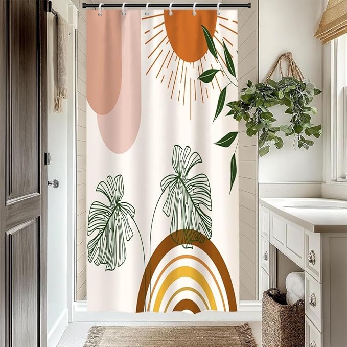 Mid Century Boho Shower Curtain for Bathroom Green Leaves Red Sun Arch Stripes Shower Curtains Modern Bohemian Abstract Bathroom Decor Set Washable Waterproof Polyester Fabric with Hooks 48x72 Inch