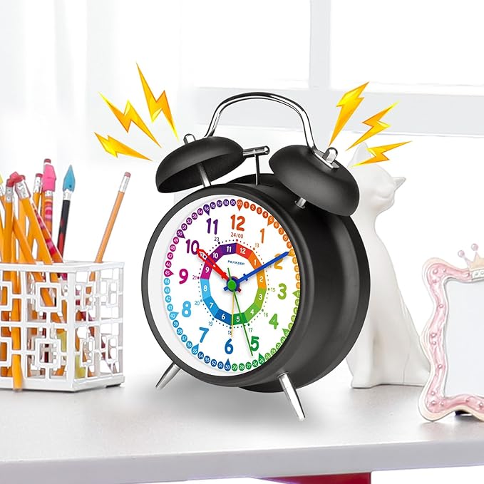Peakeep Loud Alarm Clock for Kids Learning Telling Time Teaching Clock, 4.5" Rainbow-Colored Twin Bell Analog Alarm Clock Battery Operated for Heavy Sleepers Adults Teenagers Kids