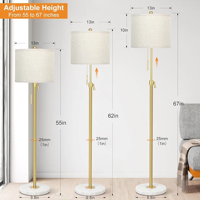 Qingmiao Modern Floor Lamp for Living Room, Adjustable Height Standing Lamp with Marble Base, Gold Tall Pole Light with Linen Shade for Reading Bedroom, Chain Switch, 8W 3-Way Dimmable Bulb Included