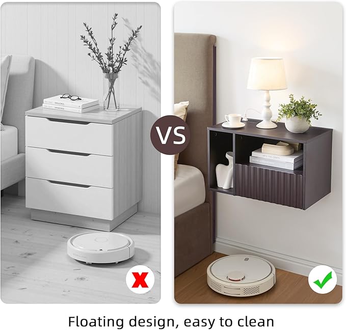 Modern Espresso Fluted Floating Nightstand with Charging Station, NightStand with Drawers, Bedside with USB Ports and Outlets, Bedroom Furniture (Right)