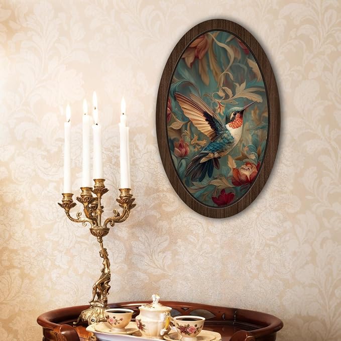 UYIKG Vintage Hummingbird Wall Art Decor,Floral Bird Hummingbird Oval Wall Decor,Rustic Cottagecore Animal Botanical Oval Wooden Framed Decorations for Home Theme Room Bedroom Living Room 9x14.6 in