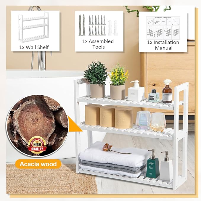 Wood Bathroom Shelf, 3-Tier Adjustable Shoes Rack&Plants Rack, Wall-Mounted or Stand for Living Room (White)