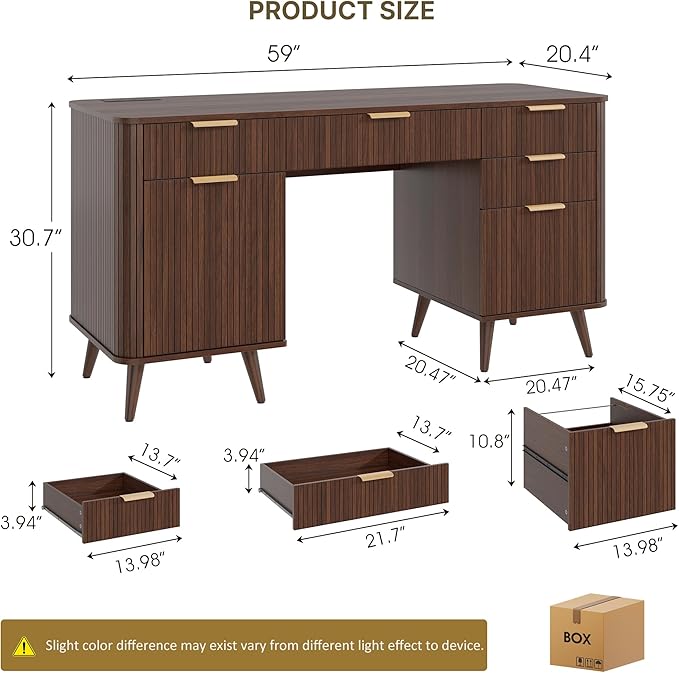 Whalefall 59" Fluted Executive Desk with Charging Station, Modern Wood Home Office Desk with 5 Drawers & File Cabinet, Computer Writing Desk for Study, Walnut (Executive Desk)