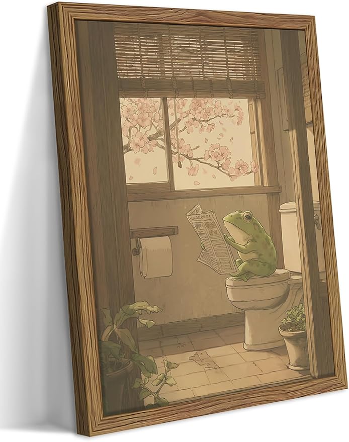Framed Vintage Funny Bathroom Wall Art, Cute Frog Reading on Toilet Canvas Prints, Whimsical Japanese Style Animal Artwork, Retro Simple Wall Decor for Bathroom Bedroom Restroom 12x16in