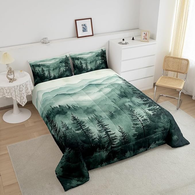 Erosebridal Green Misty Forest Comforter Set King Jungle Smoky Mountain Bedding Set for Kids Boys Girls Pine Tree Fog Magic Comforter Rustic Nature Woodland Quilt Duvet