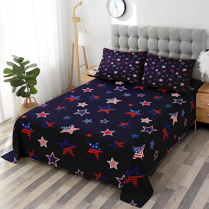 Pamnest Full Size Bed Sheet Sets, American Flag Patriotic Soft Microfiber 4 Pcs Bedding Sets for Kids and Adults Bedroom Bed Decor, 4Th July Fourth Flat, Fitted Sheet and 2 Pillowcases