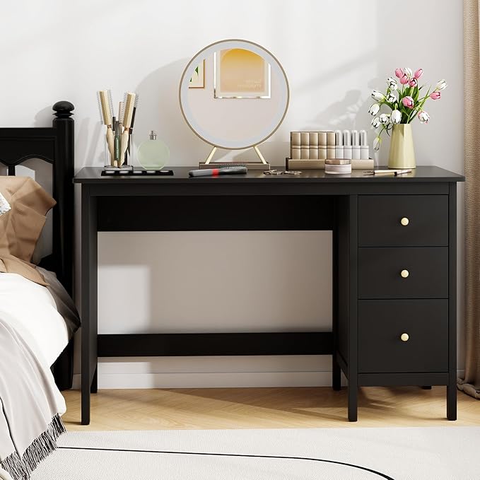 Tangkula Black Desk with Drawers, Modern Home Office Computer Desk with Storage Drawers & Spacious Desktop, Compact Writing Study Desk Laptop Desk for Bedroom, Multipurpose Computer Workstation