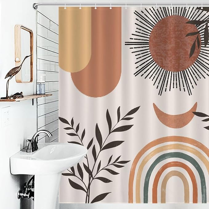 Mid Century Abstract Boho Shower Curtain Orange Vintage Aesthetic Nature Leaf Sun Modern Waterproof Shower Curtains for Bathroom Decor 12 Pack Hooks 66x72in（168x183cm）