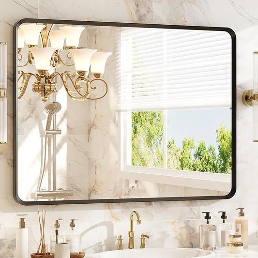 30x40 inch Black Rectangle Bathroom Mirror, Metal Aluminum Frame, HD Tempered Glass, Horizontal/Vertical Hanging, Modern Over Sink Mirror
