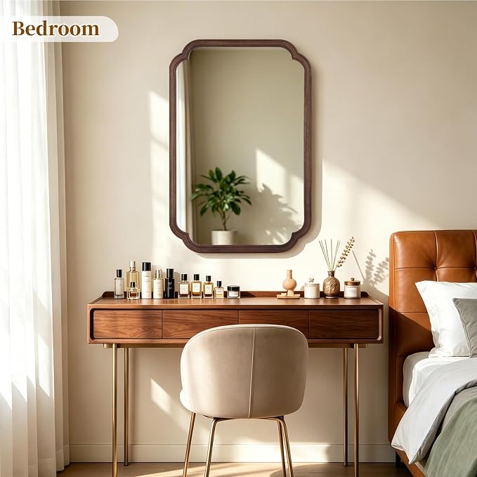 HOMECOOKIN Wood Bathroom Mirror for Wall Decor Arched Rounded Corner Rustic Wood Frame Wall Mirror Home Decorative for Vanity, Living Room, Bedroom, Entryway (24 x 36 inch, Walnut)