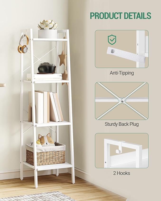 Hzuaneri Ladder Shelf, Bookshelf Bookcase, Freestanding Corner Storage Shelve with 2 Hooks for Home Office, Living Room, Kitchen, Bedroom, Industrial, 4-Tier White BC13213W