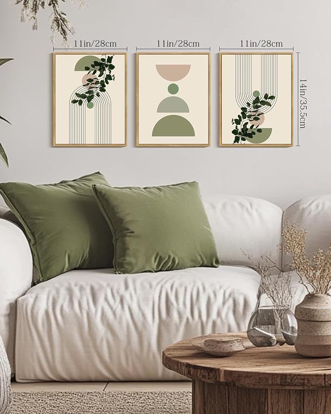 Drsoum Green Botanical Plant Wall Decor Framed Modern Boho Sage Wall Art Abstract Geometry Lines Prints Ready to Hang 11x14in Natural Framed