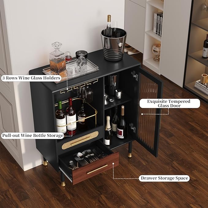 ARTPOWER Modern Coffee Bar Cabinet with Wine Glass Rack and Drawers, Black Liquor Cabinet with Pull-Out Wine Storage for Kitchen, Dining Room, Living Room