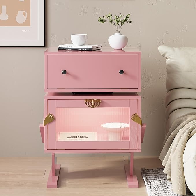 RoyalCraft Large Nightstand with LED Lighs, Pink End Table with 360°Rotating Drawer, Modern Bedside Table with Storage, Wood Night Stand for Bedroom, Home Office, Pink