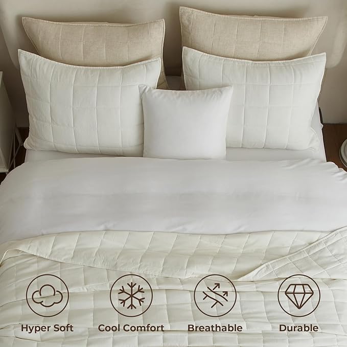 Powdion 100% Linen Quilt Queen, Box Stitch French Linen Front Cotton Back Bedding, Pre-Washed Vintage Western Coverlet Bedding Set for All Season, Oversized 3 Pieces White Quilt Bedspread