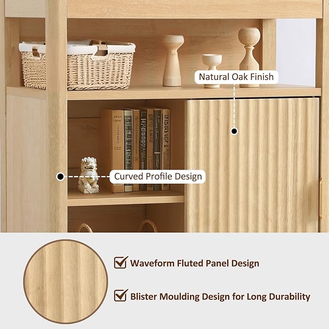 Fluted Floor Bathroom Cabinet with Sliding Door, Modern 3 Drawers Storage Organizer with Adjustable Shelf, Mid Century Bathroom Cabinet with Curved Edge for Bathroom Dining Room (Natural Oak)
