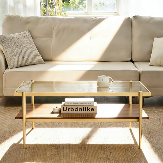 Shrine Rectangle Coffee Table, Mid-Century Modern Design, 2-Tier Structure, Clear Glass Top and Walnut MDF Shelf, 39.4" D x 21.6" W x 17.3" H, Sleek Conical Metal Legs with Gold Finish
