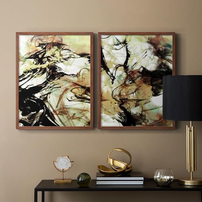 Renditions Gallery Set of 2 Peel & Stick Framed Prints, Abstract Wall Art, Vaping Smoke Design Wall Decor, Re-Stickable - Ready to Hang - 16"x20" - Walnut Frame LT588