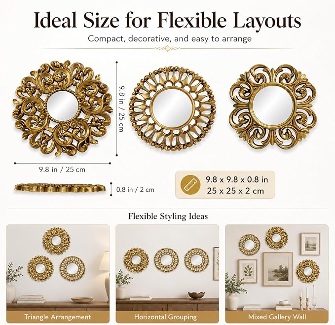 Mifoci Vintage French Wall Mirror Set of 3 Antique Decorative Gallery Wall Mirror Gold Hanging Antique Art Decor Ornate Baroque Style for Living Room Bedroom Home Decor(Round)