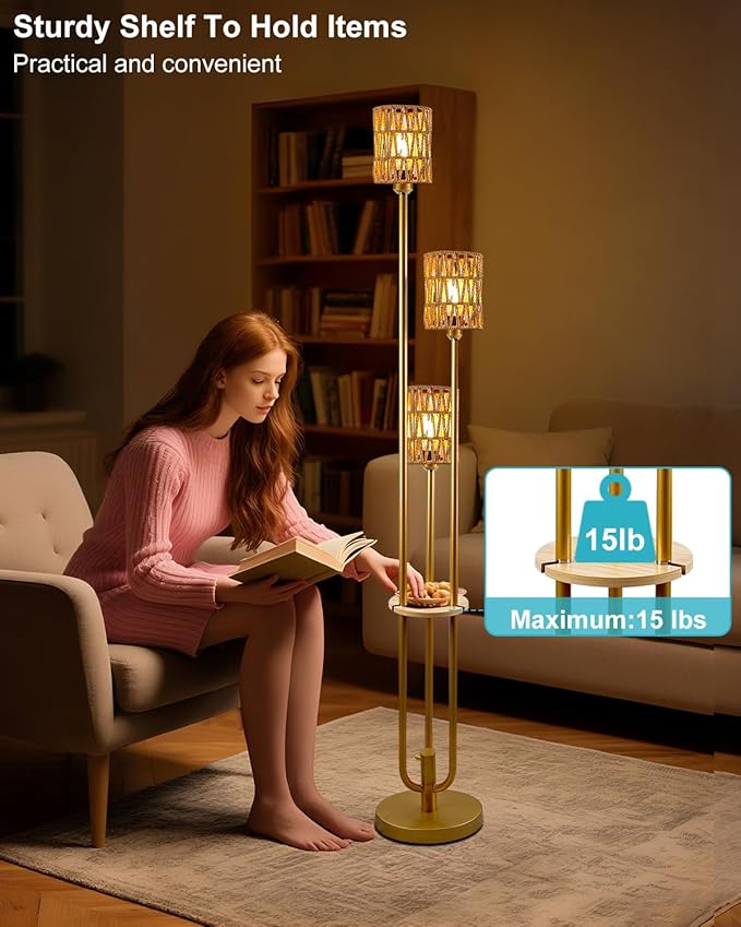 Lightdot Dimmable Boho Floor Lamps for Living Room, 3-Lights Rattan Floor Lamp with Shelves, Farmhouse Floor Lamp, Rustic Gold Standing Lamp with Warmwhite Bulbs Included for Sofa Beside/Corner Decor