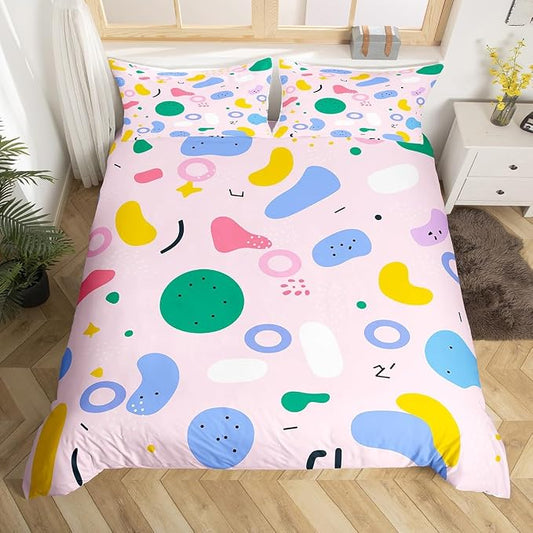 Cow Print Duvet Cover Hipster Memphis Bedding Set,80s and 90s Hip Hop Funky Comforter Cover Colorful Pop Art Twin Bed Set,Watercolor Eighties Memphis Geometrical 80s Bedroom Decor Pink