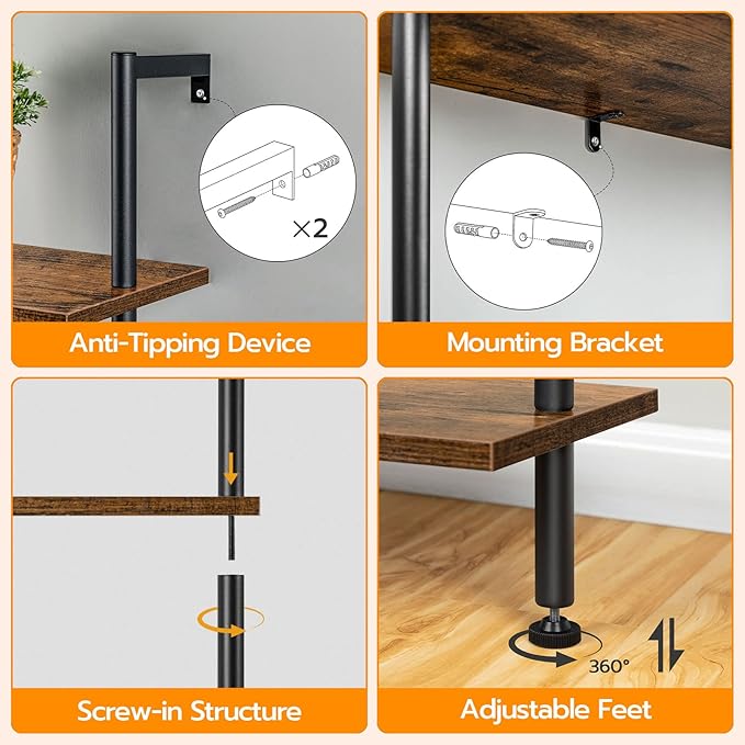 HOOBRO DIY Ladder Shelf, 5-Tier Wooden Wall Mounted Bookshelf, Narrow Bookcase, Display Shelf, Storage Rack, Plant Stand, for Living Room, Bedroom, Study, Balcony, Rustic Brown and Black BF531CJ01