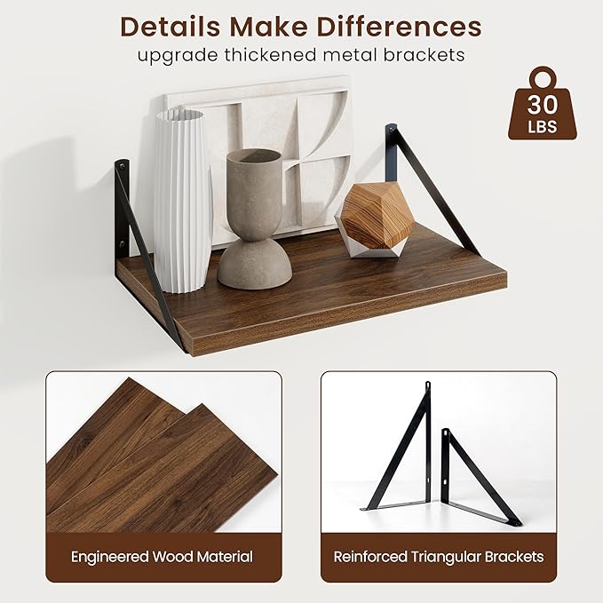 Axeman Deep Floating Shelves | 16 Inch Walnut Wall Shelves Set of 2 | 10 Inch Deep Wood Floating Shelves for Wall | 16" W x 10" D Walnut Shelves for Living Room Bathroom Kitchen