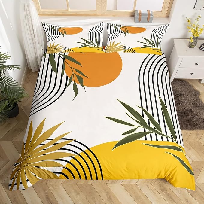 Erosebridal Mid Century Boho Duvet Cover Queen for Kids Teens Adults,Abstract Modern Sun Comforter Cover,Minimalist Aesthetic Bedding Set,Yellow Gold Black Bed Set 3 Pcs Bedroom Decor