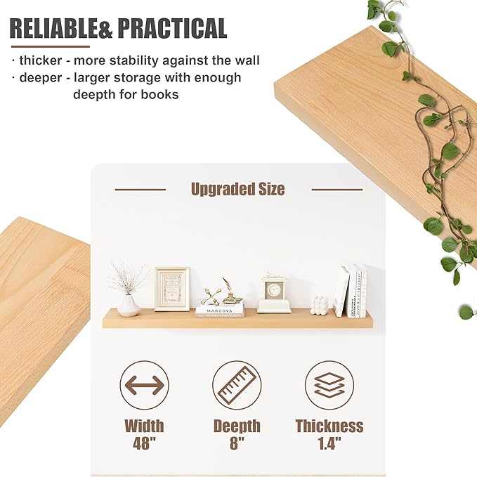 Floating Shelves for Wall, USA-Sourced Beech Wood 48 Inch Long Wall Shelves, Natural Wooden Mounted Picture Ledge Shelf, Nursery Book Storage Shelf Kids Bookshelf, Display Shelf for Bathroom
