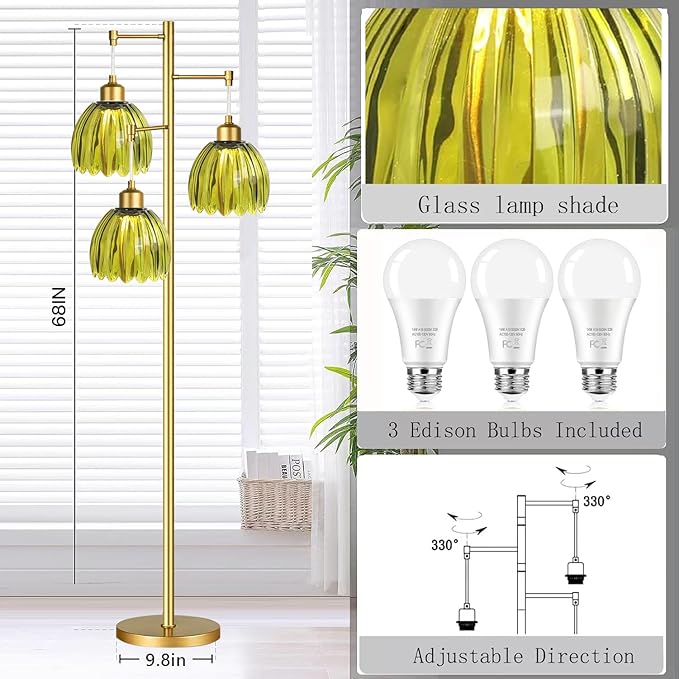 Glass Floor Lamp for Living Room,Bedroom,Gold Mid Century Modern Standing Lamp Brass Tree 3 Light Tall Floor Lamps Vintage Floor Lights Green Tulip Flower Lamp Shade Farmhouse Boho Bohemian