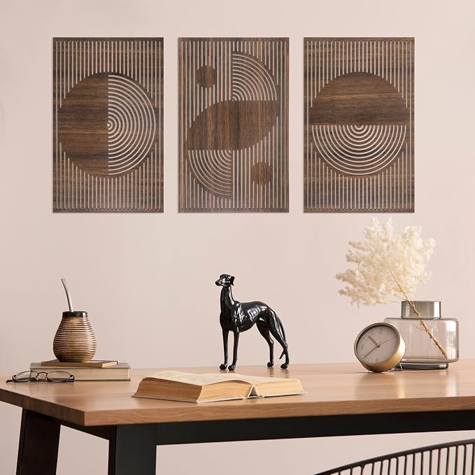 Yerliker 3 Pcs Mid Century Modern Wood Wall Art Decorations 3D Geometric Abstract Wall Sculpture for Living Room Bedroom Office Minimalist Aesthetic (Mid-century Modern,15.75 x 15.75 x 1.97 Inch)