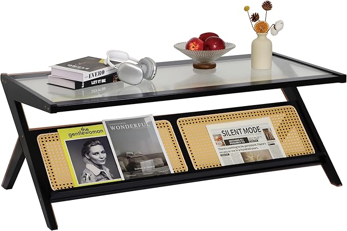 Bamboo Coffee Table, Accent Rattan Coffee Table with Glass Top, Mid-Century Wooden Center Tables, Modern Sofa Side Tea Tables with Storage for Living Room, Black