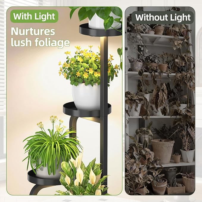 iDavosic.ly Tall Plant Stand Indoor with Grow Light, 4 Tier Corner Multiple Flower Holder Shelf with Metal Trays, Space Saving Display Rack for Living Room Balcony Patio Porch | Black & Brown