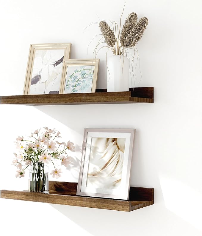Floating Shelves for Wall Decor, Wall Mounted Wood Storage Shelf for Bedroom, Living Room, Bathroom, Kitchen, Nursery, Display Picture Ledge Shelf with Lip Set of 2-14 Inches, Walnut