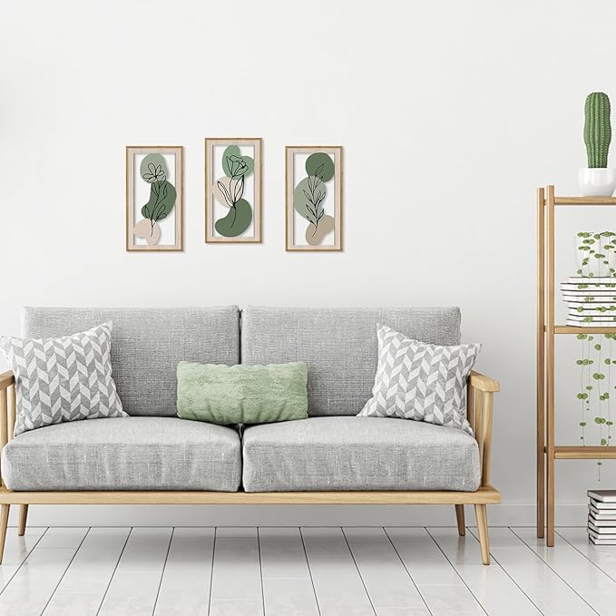 HPNIUB 3 PCS Minimalist Floral Wall Decor, Boho Green Geometric Hanging Wood Sign for Living Room, 8x16Inch Modern Bohemian Botanical Leaf Wooden Plaque for Apartment Bedroom Office Decoration