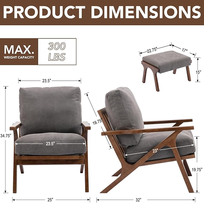 chairus Mid-Century Modern Accent Chairs with Ottomans Set of 2, Comfy Upholstered Lounge Armchairs with Solid Wood Frame, Reading Chairs for Living Room Bedroom Office, Grey Denim Fabric