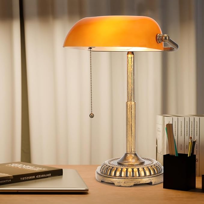 NISSAFORS Bankers Lamp, Amber Desk Lamp with Pull Switch, Vintage Table Lamps for Home Office, Library, Piano (Amber)