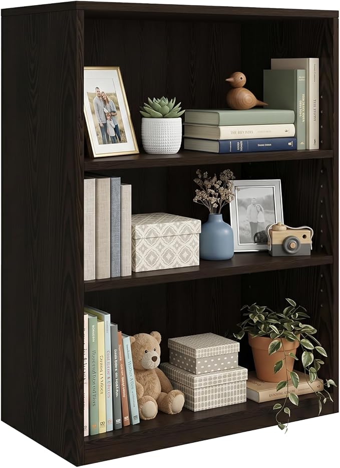 Wooden 3-Tier Bookshelf, Adjustable Open Storage Shelf Unit, 31.5" Tall Bookcase（Chocolate）