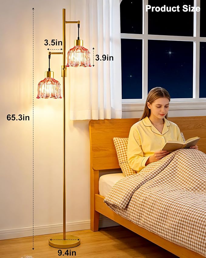 2-Light Modern Glass Floor Lamp, Gold Tall Standing Lamp with Deep Red Flower Glass Shade for Reading, Dimmable LED Floor Lamp with 5Lbs Heavy Base for Living Room Bedroom Home Decor, Bulb Included