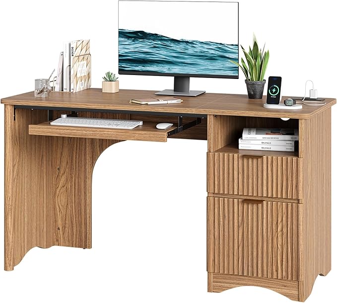 Bestier Computer Desk with Drawer, 55 inch Office Desk with Power Outlet, Modern Home Office Desk with Keyboard Tray (55" W with Single-Sided Drawers)