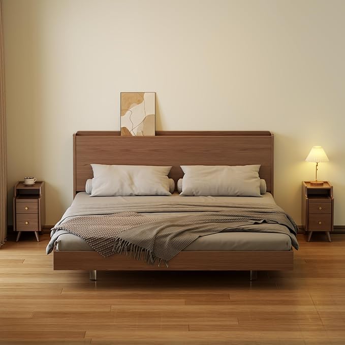 AQIMUELE Small Nightstand with Drawers, Solid Wood Bedside Table, Narrow Walnut Nightstand for Bedroom